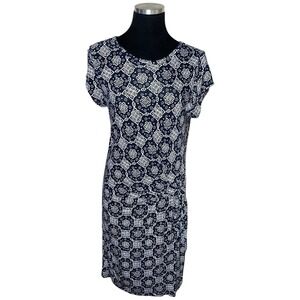 Loft Dress Women Sz M Navy Blue Faux Wrap Lined Knit Floral Stretch Career Work